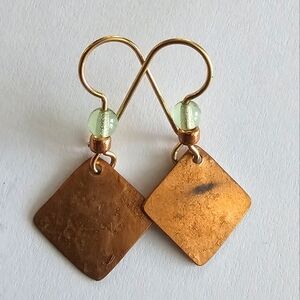 Vintage earrings copper color dainty pale green glass beads Gold tone earwires